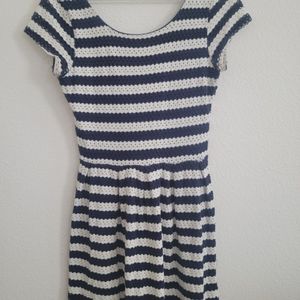 Blue and White Eyelet Striped Aqua Dress large lined